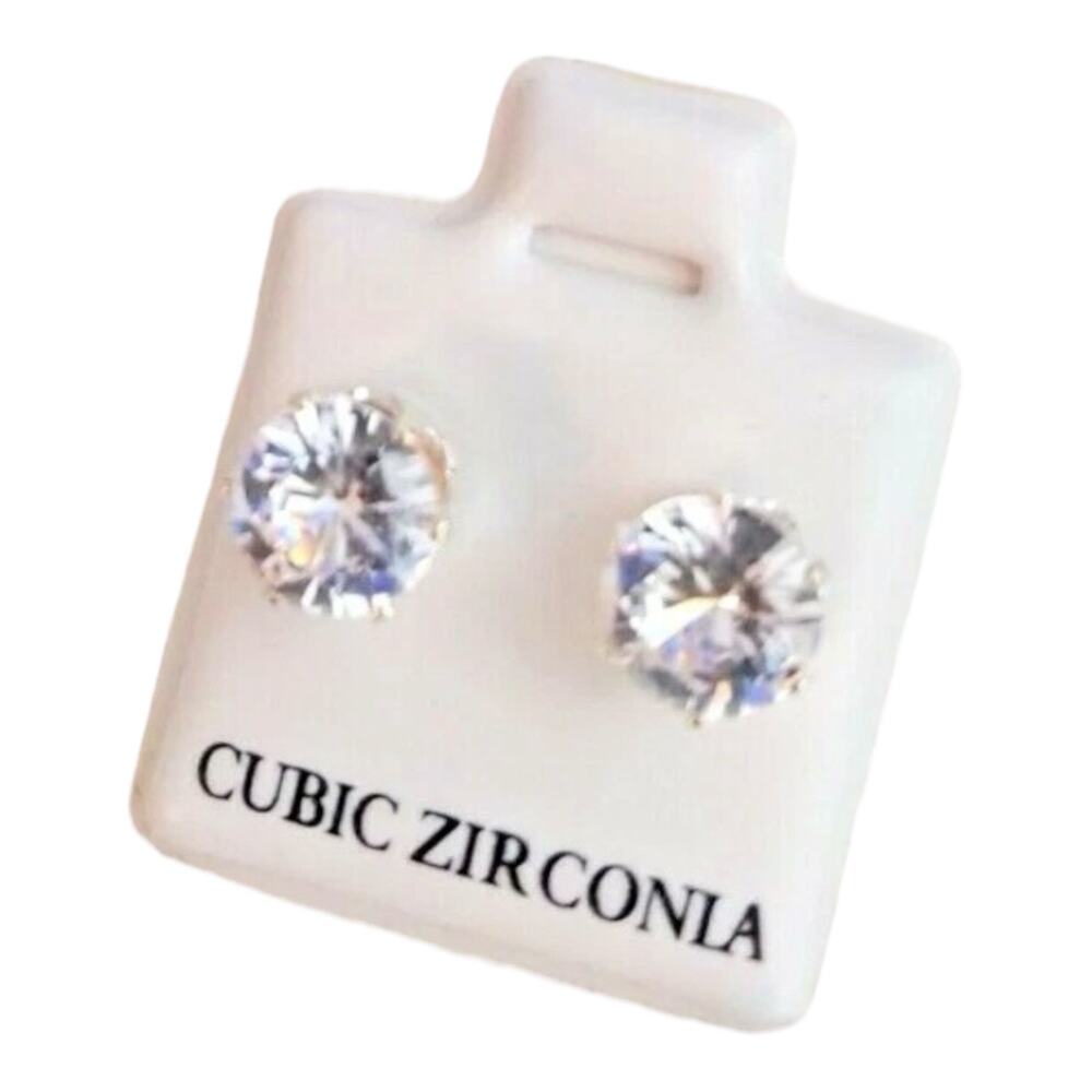 7MM Round Cubic Zirconia Six-Prong Cast Basket Stud Earrings NWT Silver Tone